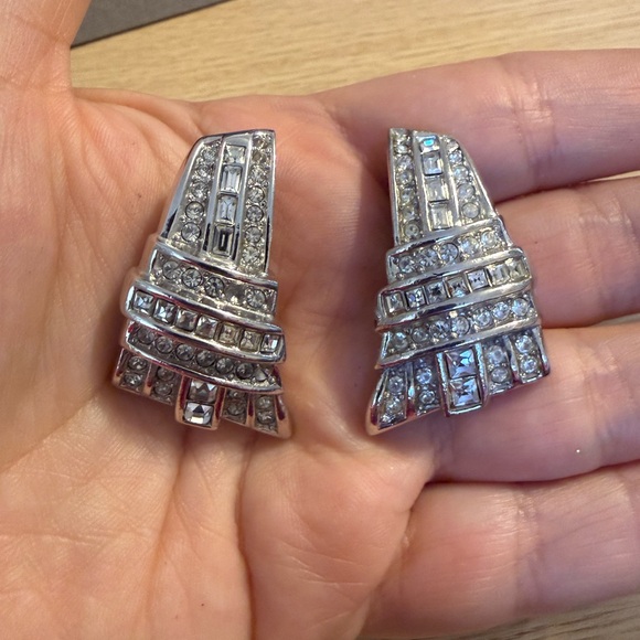 Christian Dior Jewelry - Christian Dior Vintage Art Deco Silver Tone Rhinestone Tiered Clip On Earrings